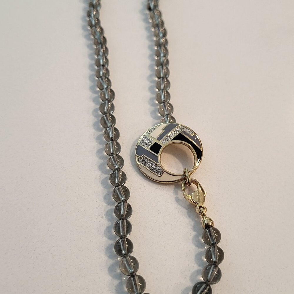 Beautiful Gray Beaded Necklace with Crystal and Enamel Pendant